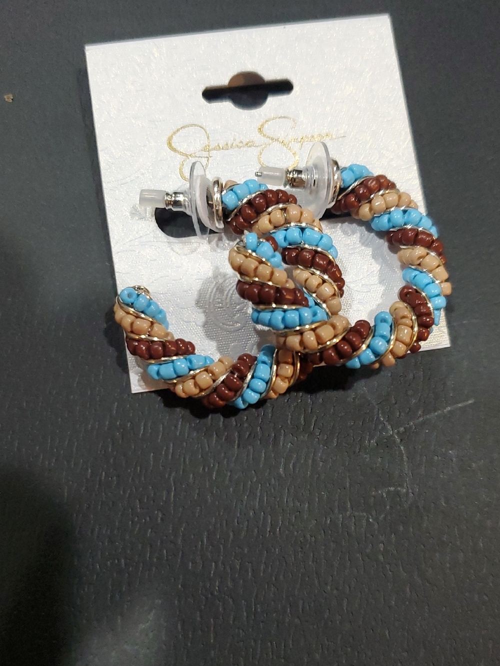 Jessica Simpson brown and blue beaded half hoop boho festival earrings brand new